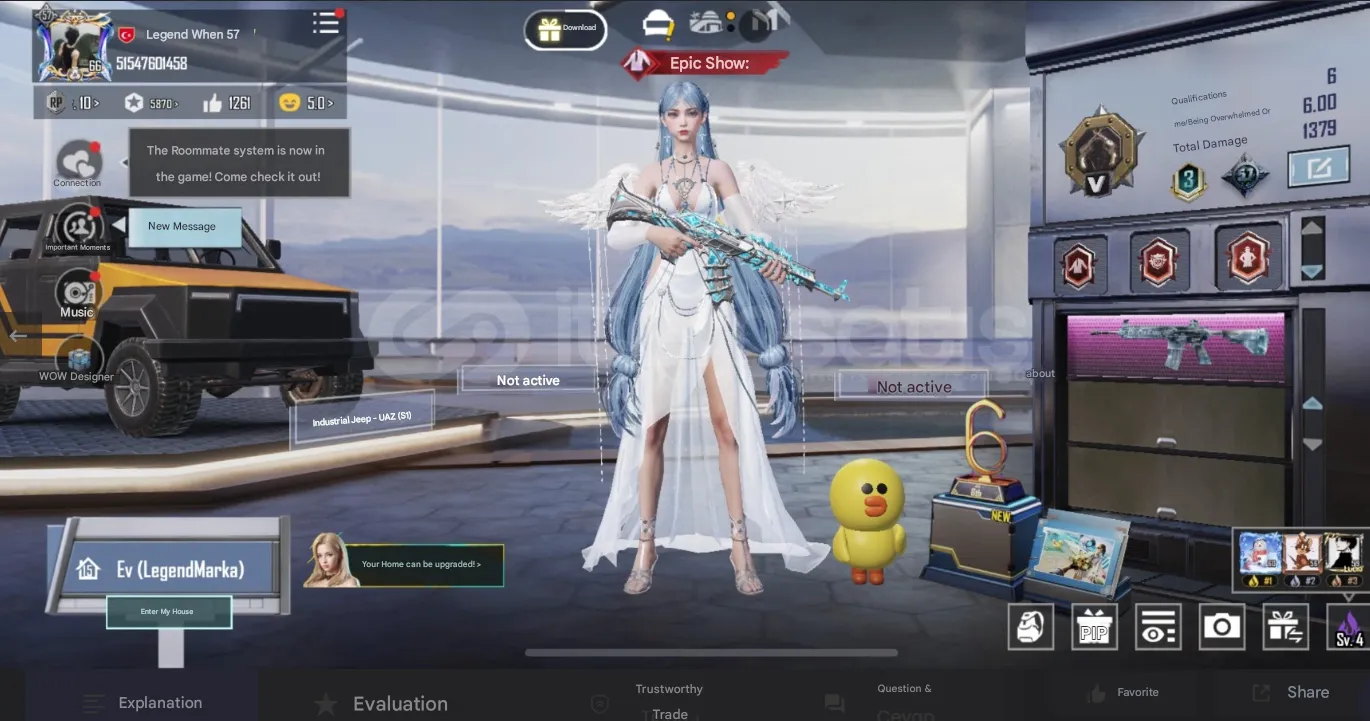 PGM574 M762 Sprite L5, MG3 Dragon L4, Silvanus X-Suit 4star, Angelic Outfit, Legendary Cars, High-End Skins (G)